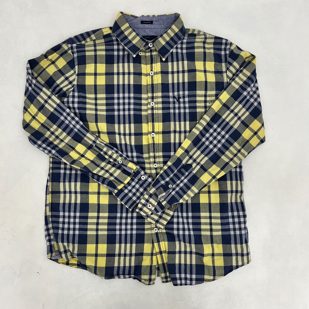 American Eagle Mens Size XL Button Up Shirt Yellow Blue Plaid Athletic‎ Fit